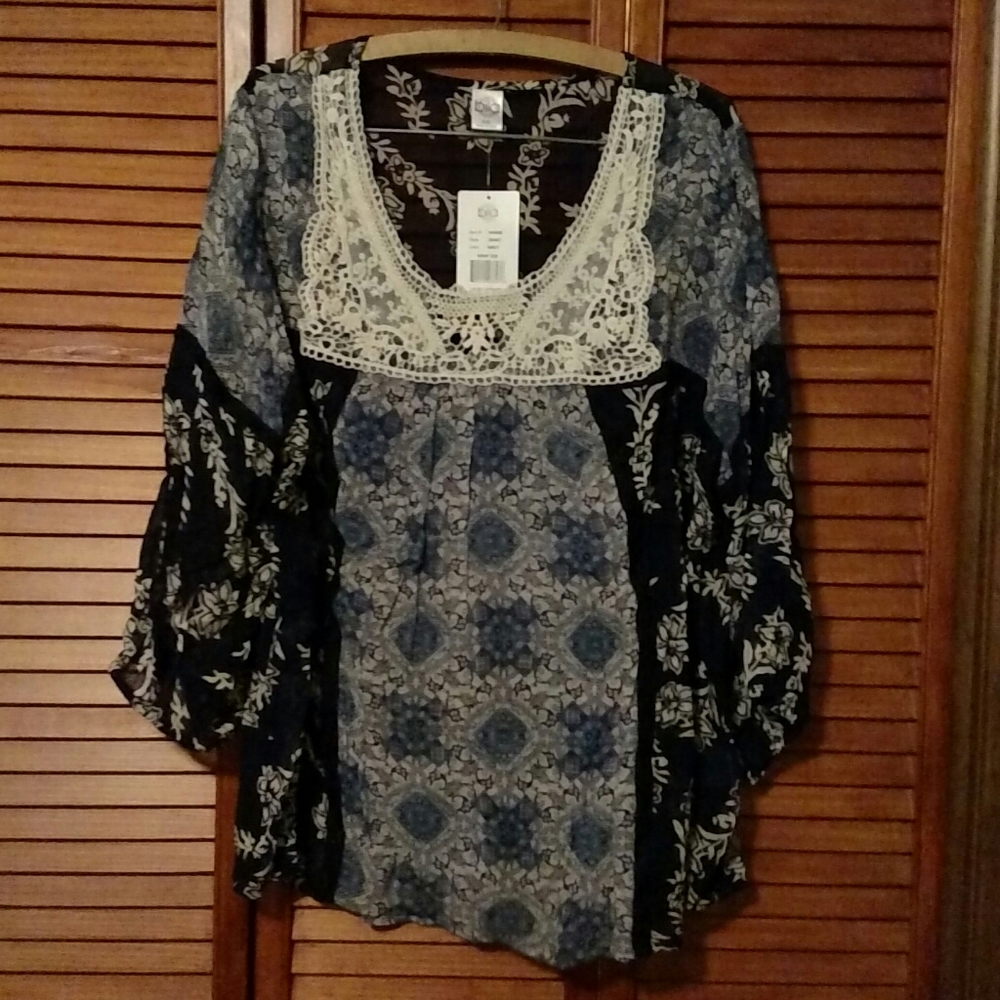 Navy Sheer Print Blouse With Lace Trim